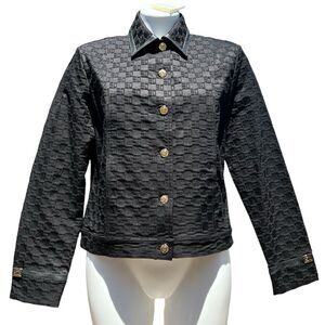 St John Sport Black Logo Trucker Style Jacket Gold Tone Buttons New Size Small